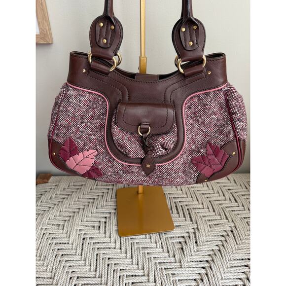 Celine Burgundy Leather and Tweed Handbag - Picture 2 of 11